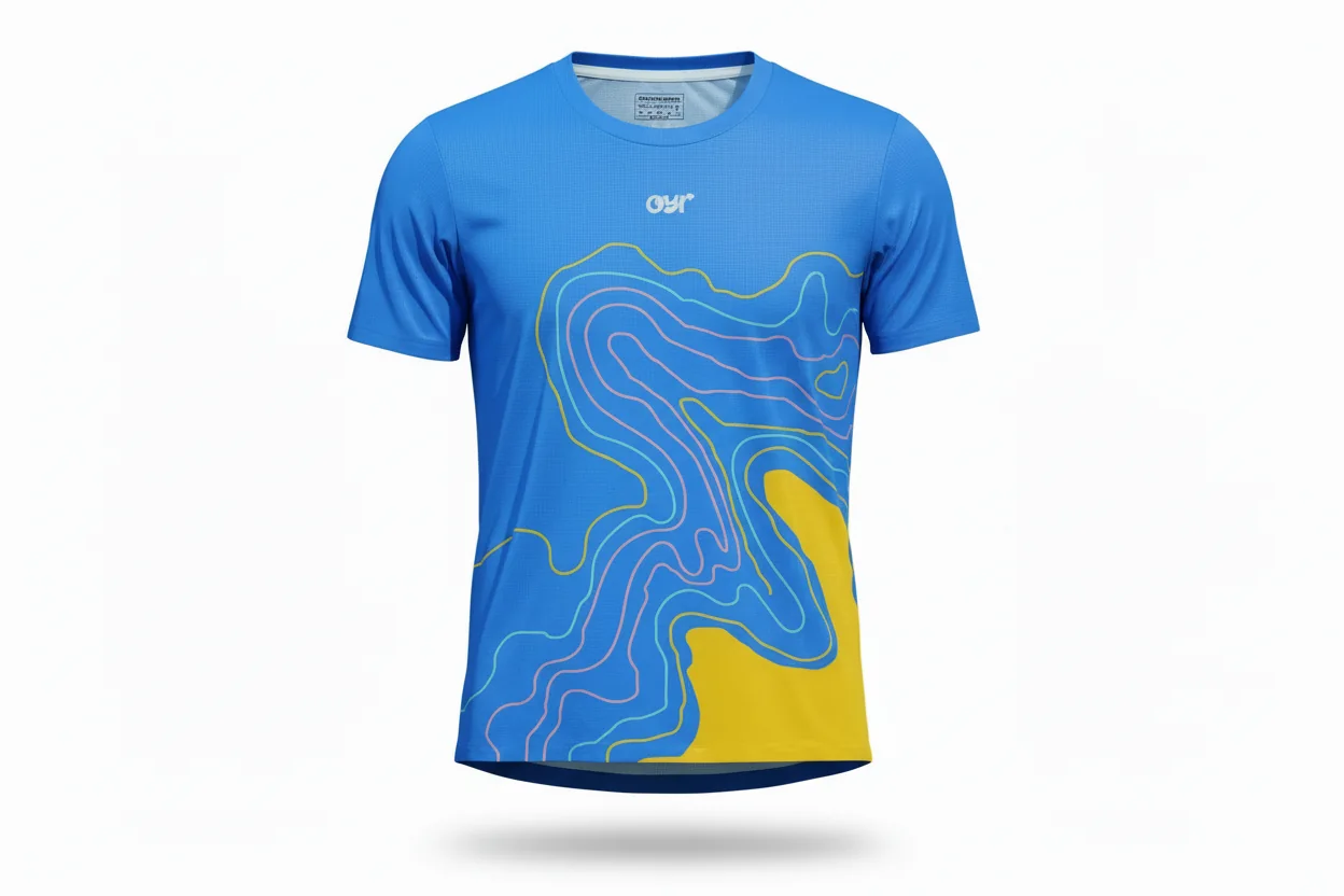 Blue Terrain race tee with contour graphic, front product shot on white