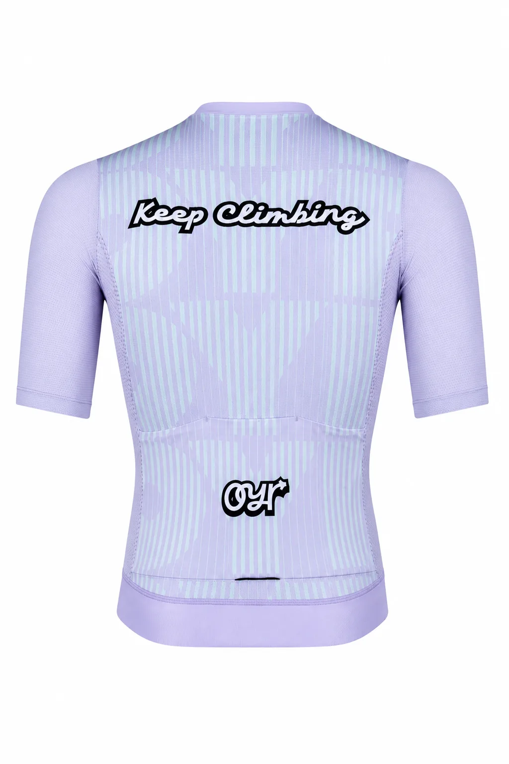 Lilac Switchback Jersey back view showing the Keep Climbing graphic.
