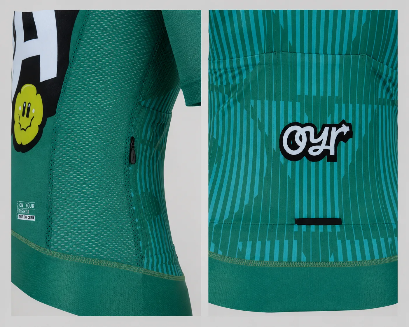 Switchback Jersey in pine, macro details of fabric and pocket.